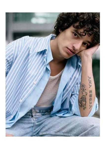 Oversize Gömlek Kısa Kollu Cep Detaylı Klasik Yaka - Koton - 4SAM60201HW - Mavi Çizgili - S