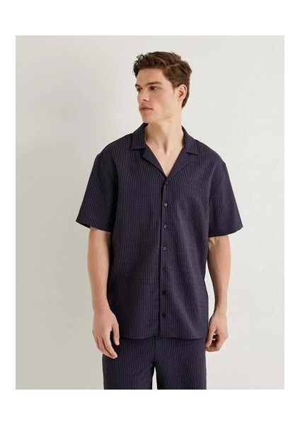 Kısa Kollu Gömlek Devrik Yaka Düğmeli - Koton - 4SAM60055HW - Lacivert Çizgili - S indirimleri