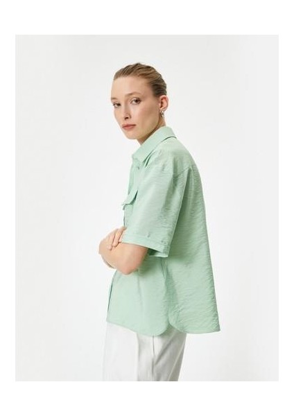 Kısa Kollu Gömlek Viskon Düğmeli Kapaklı Cepli