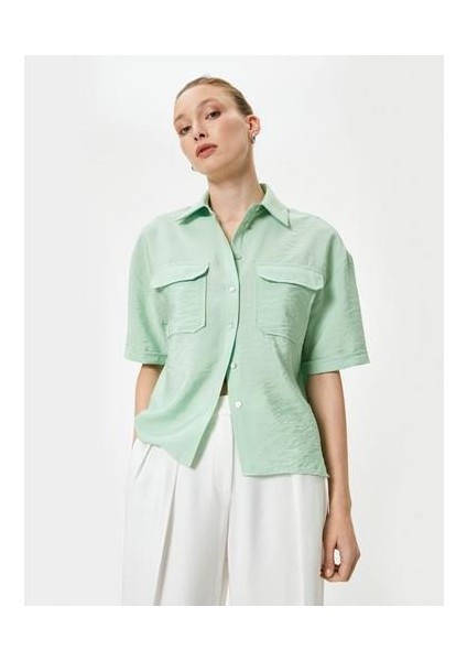 Kısa Kollu Gömlek Viskon Düğmeli Kapaklı Cepli