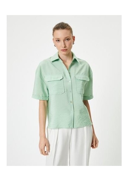 Kısa Kollu Gömlek Viskon Düğmeli Kapaklı Cepli