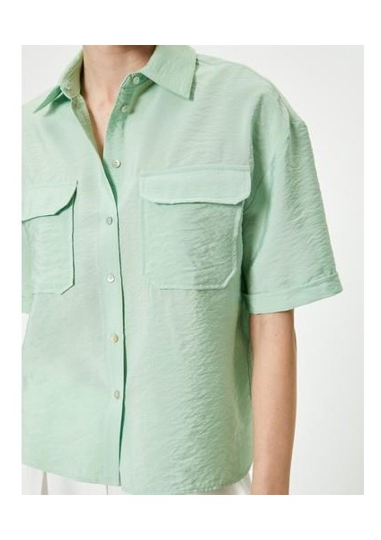 Kısa Kollu Gömlek Viskon Düğmeli Kapaklı Cepli