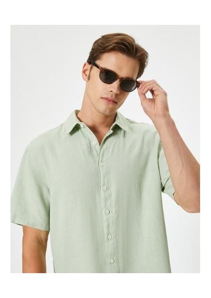 Yazlık Gömlek Kısa Kollu Klasik Yaka Düğmeli Pamuklu - Koton - 4SAM60034HW - Yeşil - M indirimleri