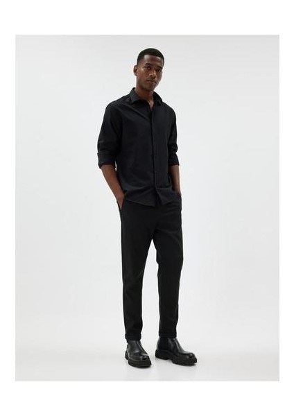 Yarım Italyan Yaka Gömlek Basic Uzun Kollu Pamuk Karışımlı