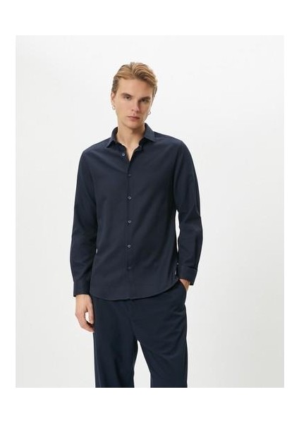 Klasik Gömlek Yarım Italyan Yaka Düğmeli Uzun Kollu