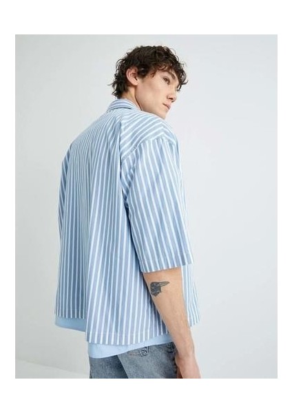 Oversize Gömlek Kısa Kollu Cep Detaylı Klasik Yaka - Koton - 4SAM60201HW - Mavi Çizgili - M
