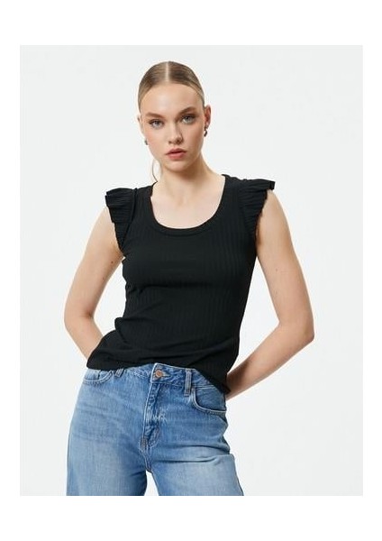 Fitilli Atlet U Yaka Kolları Fırfırlı Viskon Karışımlı