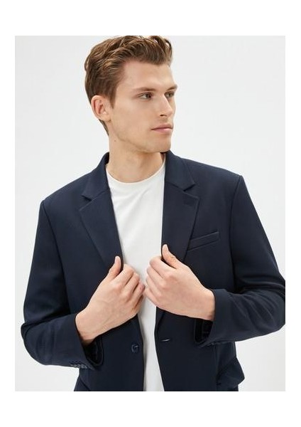 Blazer Ceket Slim Fit Cep Detaylı Düğmeli Mono Yaka