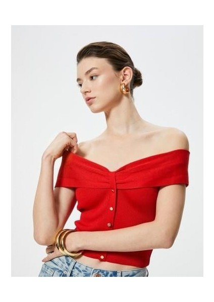 x Sibil Çetinkaya - Omzu Açık Üst Kısa Kollu Düğmeli Fitilli