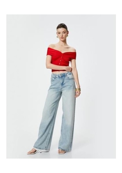 x Sibil Çetinkaya - Omzu Açık Üst Kısa Kollu Düğmeli Fitilli