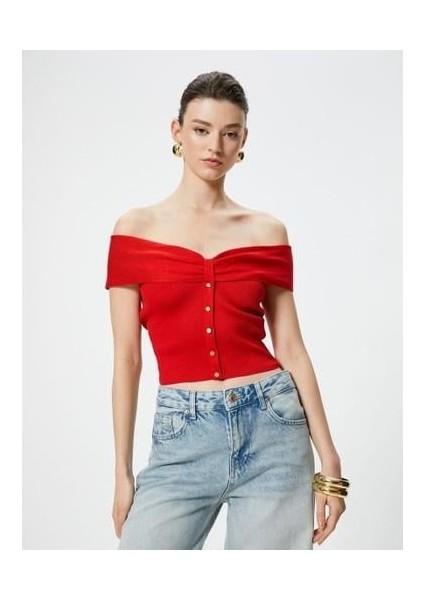 x Sibil Çetinkaya - Omzu Açık Üst Kısa Kollu Düğmeli Fitilli