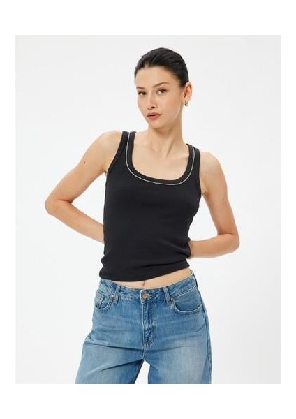 Askılı Tişört Taşlı Fitilli U Yaka Pamuklu Slim Fit