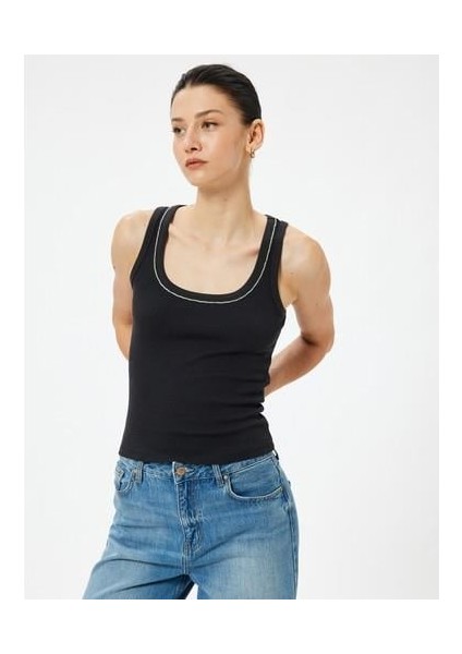 Askılı Tişört Taşlı Fitilli U Yaka Pamuklu Slim Fit