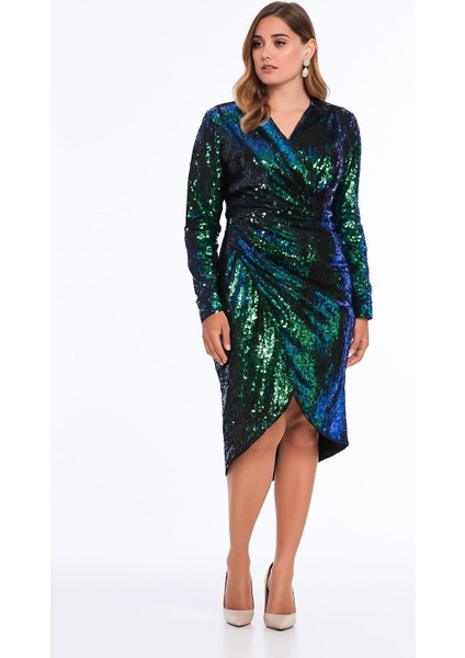 Kadın Büyük Beden Yeşil Payet Detaylı Astarlı Uzun Kollu Abiye Elbise 65N38849