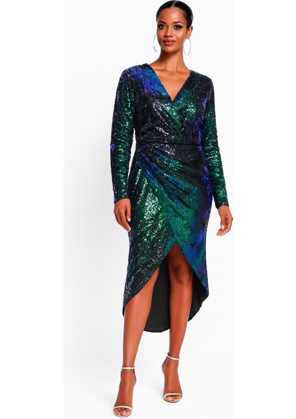 Kadın Büyük Beden Yeşil Payet Detaylı Astarlı Uzun Kollu Abiye Elbise 65N38849