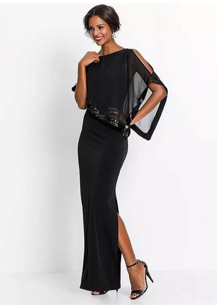 Kadın Bordo Şifon ve Payet Detaylı Abiye Elbise 65N23491