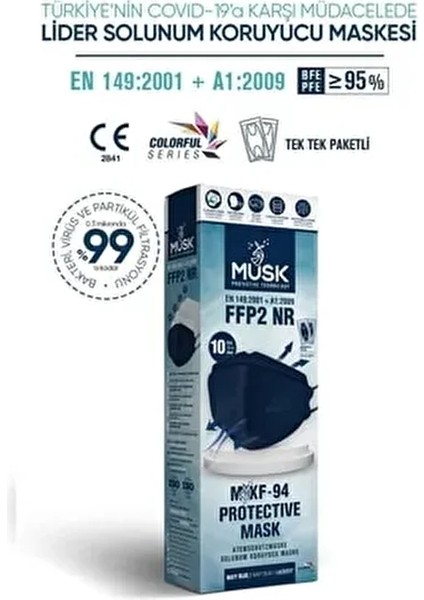 KF94 Kore Tipi FFP2 Maske 10 Adet Lacivert Yüksek Filtrasyon ve Konforlu Kullanım
