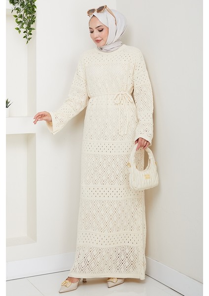 Dantel Motifli Astarlı Triko Elbise 1601 - Beyaz