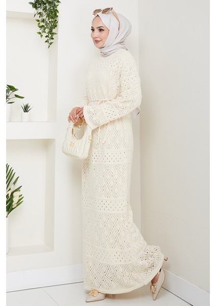 Dantel Motifli Astarlı Triko Elbise 1601 - Beyaz modelleri