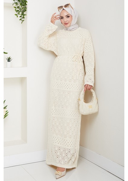 Dantel Motifli Astarlı Triko Elbise 1601 - Beyaz indirimleri