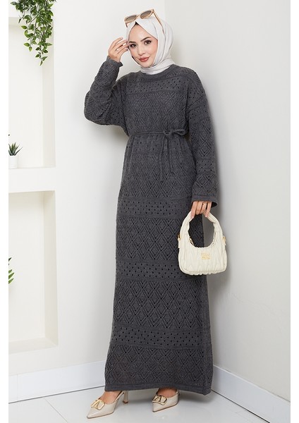 Dantel Motifli Astarlı Triko Elbise 1601 - Antrasit