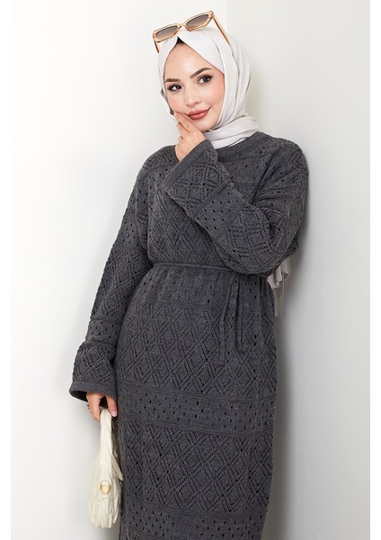 Dantel Motifli Astarlı Triko Elbise 1601 - Antrasit fiyatları