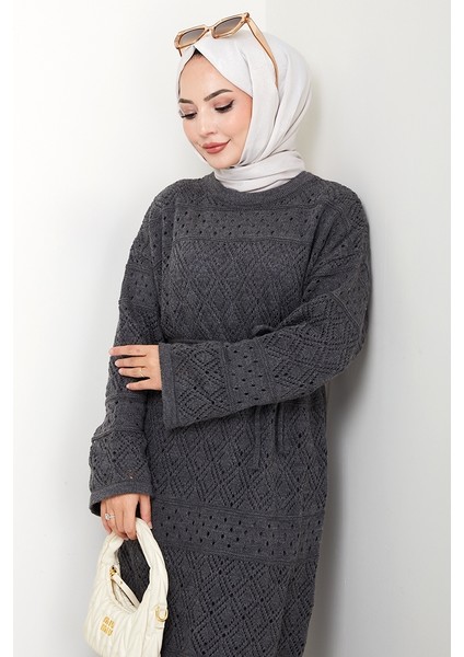 Dantel Motifli Astarlı Triko Elbise 1601 - Antrasit fırsatları