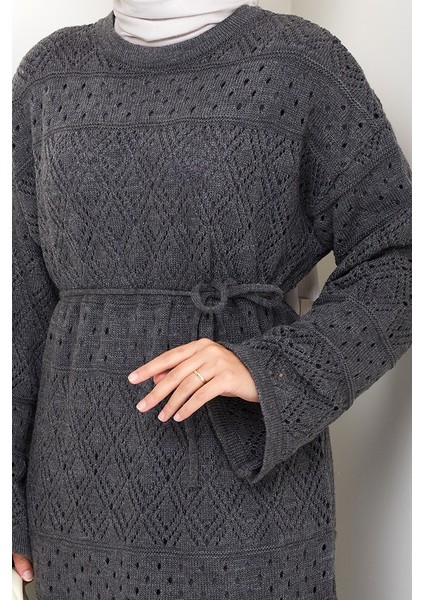 Dantel Motifli Astarlı Triko Elbise 1601 - Antrasit indirimleri