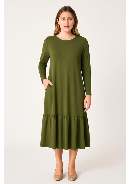 Kadın Büyük Beden Haki, Bisiklet Yaka, Etek Ucu Katlı, Cepli Viskon Elbise 65N39153 fiyatları