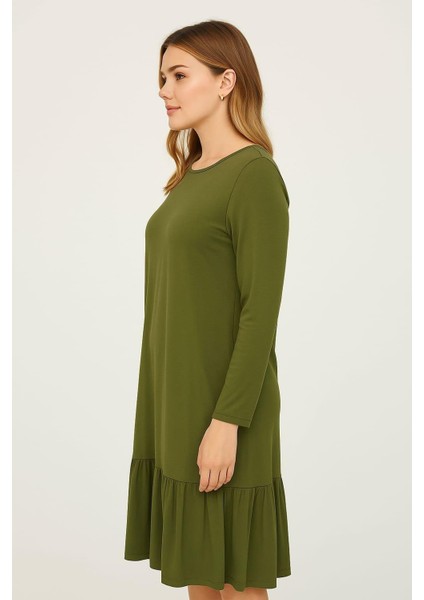 Kadın Büyük Beden Haki, Bisiklet Yaka, Etek Ucu Katlı, Cepli Viskon Elbise 65N39153 modelleri
