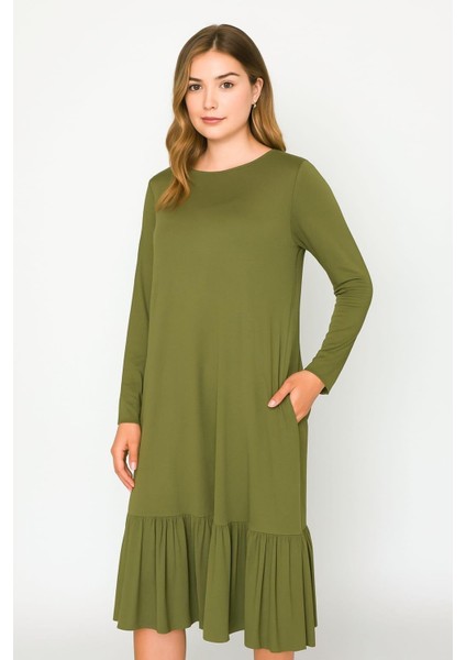 Kadın Büyük Beden Haki, Bisiklet Yaka, Etek Ucu Katlı, Cepli Viskon Elbise 65N39153 fırsatları