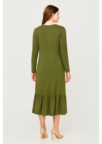 Kadın Büyük Beden Haki, Bisiklet Yaka, Etek Ucu Katlı, Cepli Viskon Elbise 65N39153 indirimleri