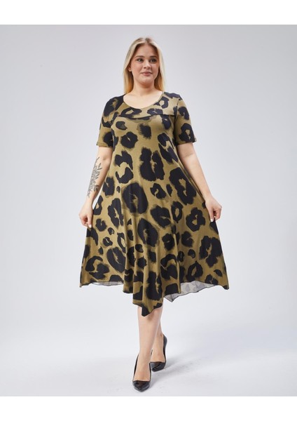 Kadın Büyük Beden Siyah, Yıkamalı Denim Kumaş, Çift Çepli, Kısa Kol Kot Elbise 65N39155