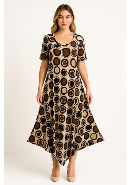 Kadın Büyük Beden Vizon, Etek Ucu Asimetrik Kesim, Kısa Kol Viskon Elbise 65N39108