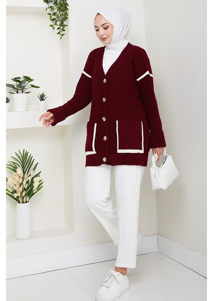 Ilge Düğmeli Triko Hırka 1597 - Bordo fiyatları