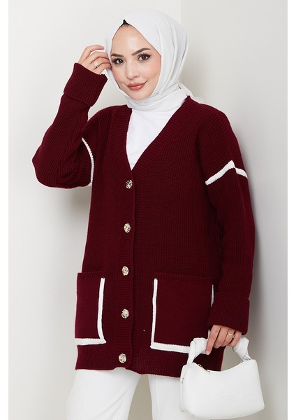 Ilge Düğmeli Triko Hırka 1597 - Bordo modelleri