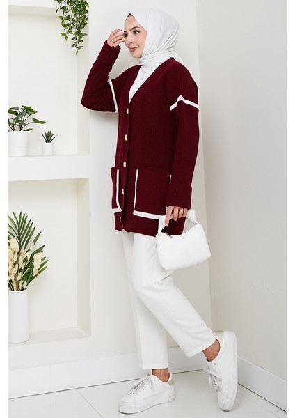 Ilge Düğmeli Triko Hırka 1597 - Bordo fırsatları
