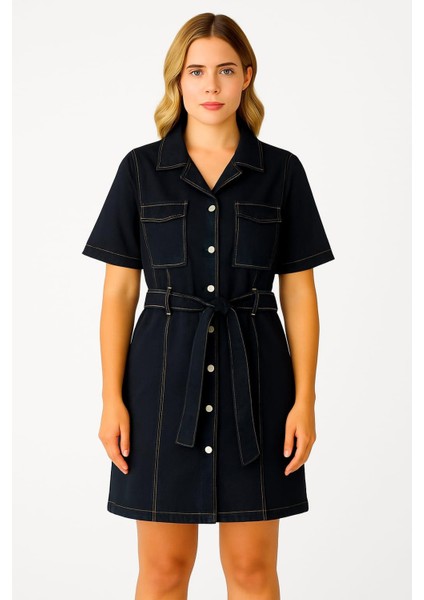 Kadın Büyük Beden Siyah, Yıkamalı Denim Kumaş, Çift Çepli, Kısa Kol Kot Elbise 65N39155 fiyatları