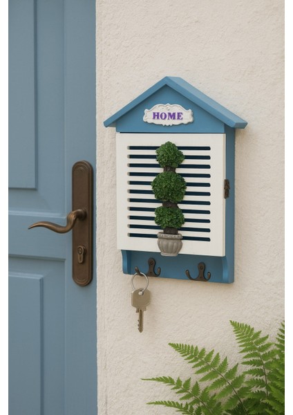 Dekoratif Mavi Ahşap Anahtarlık Kutusu – Duvar Tipi Kapaklı Askılık "home" Yazılı BR-6634