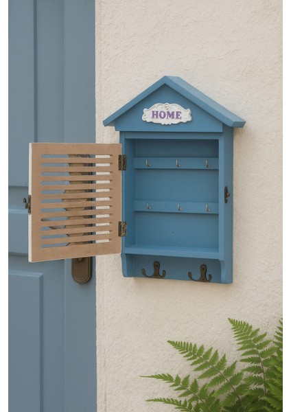 Dekoratif Mavi Ahşap Anahtarlık Kutusu – Duvar Tipi Kapaklı Askılık "home" Yazılı BR-6634 fiyatları