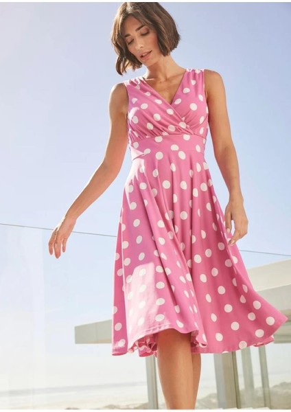 Kadın Büyük Beden Pembe Puan Desenli Anvelop Arka Bel Lastik Detaylı Elbise 65N19620