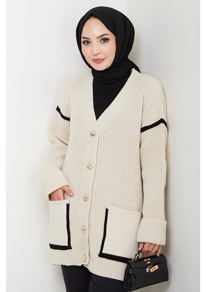 Ilge Düğmeli Triko Hırka 1597 - Bej modelleri