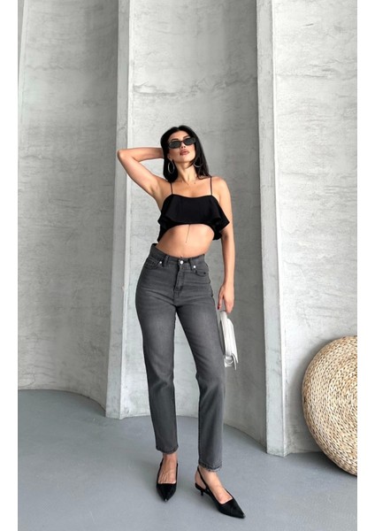 Mom Fit Enzim Taş Yıkama Jeans Pantolon Füme D2006 modelleri