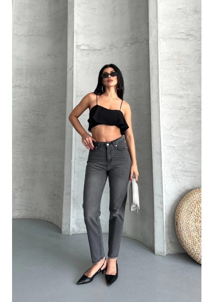 Mom Fit Enzim Taş Yıkama Jeans Pantolon Füme D2006