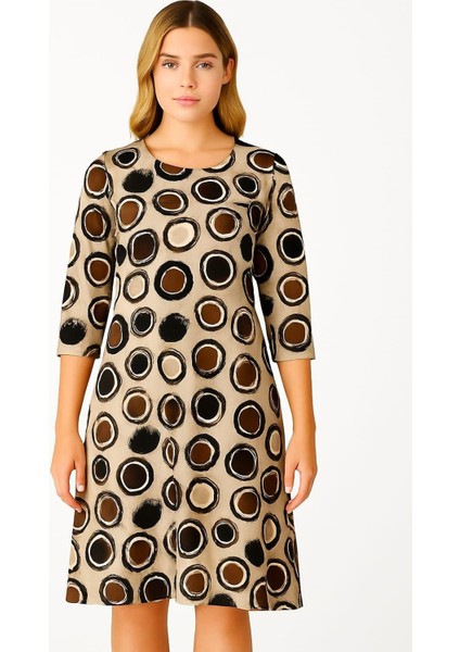 Kadın Büyük Beden Vizon, Bisklet Yaka, Truvakar Kol Viskon Midi Elbise 65N39157