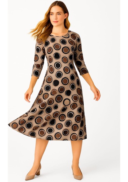 Kadın Büyük Beden Vizon, Bisklet Yaka, Truvakar Kol Viskon Midi Elbise 65N39157 fiyatları