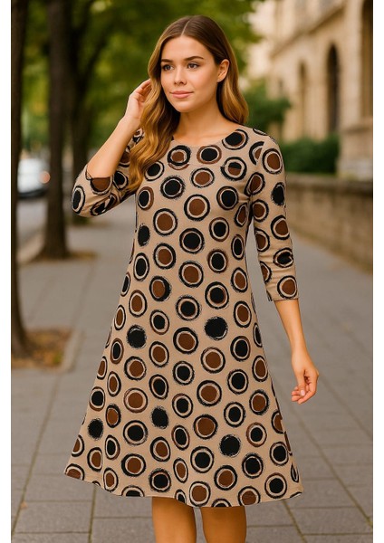 Kadın Büyük Beden Vizon, Bisklet Yaka, Truvakar Kol Viskon Midi Elbise 65N39157 fırsatları