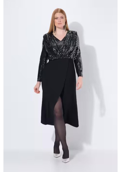 Kadın Büyük Beden Siyah, Payet Detaylı Abiye Elbise