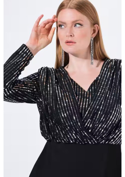 Kadın Büyük Beden Siyah, Payet Detaylı Abiye Elbise fırsatları