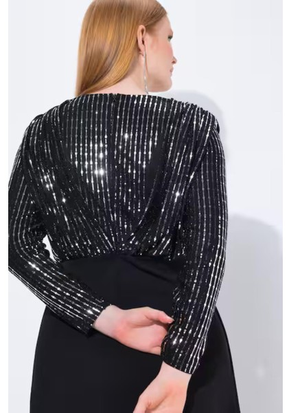 Kadın Büyük Beden Siyah, Payet Detaylı Abiye Elbise indirimleri